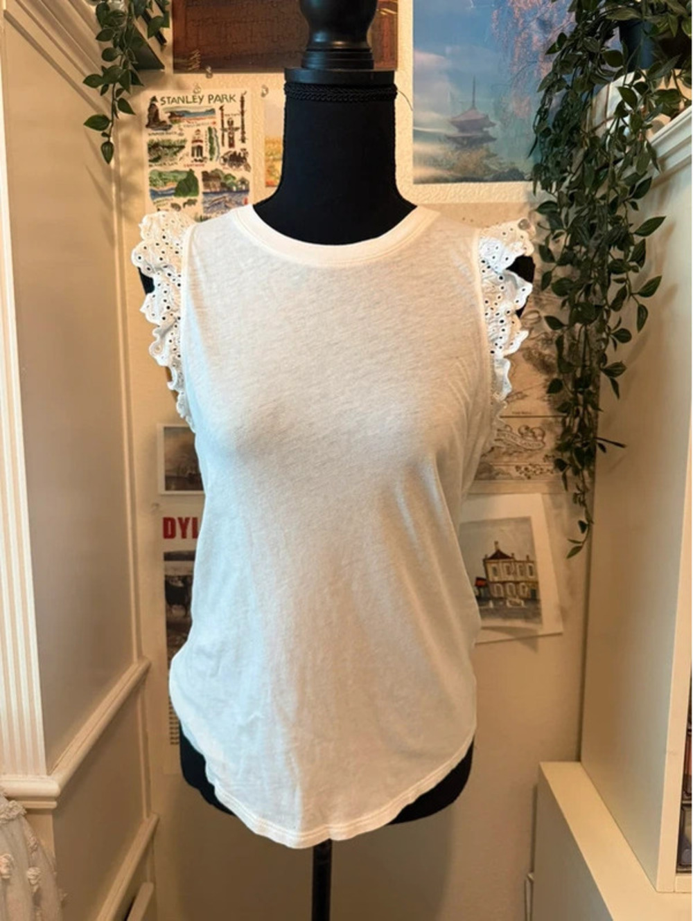 Kate Spade New York White Eyelet Ruffle Sleeve Cotton T-Shirt